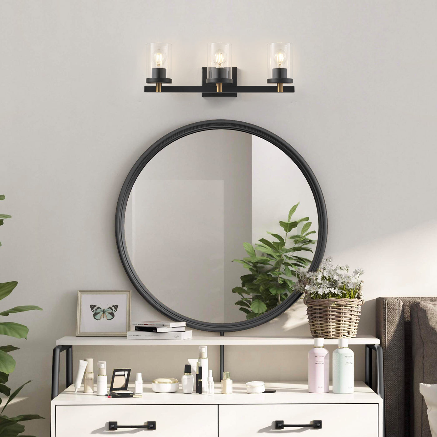 3-Lights Pine Wood Grain Color Frame with Clear Glass Shade Bathroom Vanity Lighting