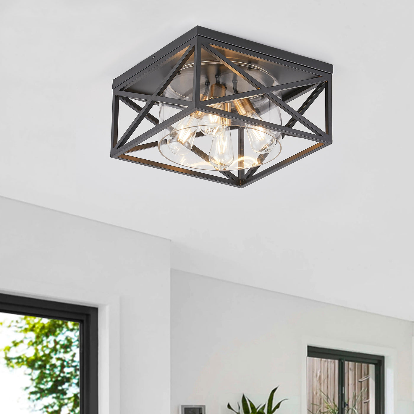 4-Lights Square-Shaped with Glass Shade Flush Mount Lighting