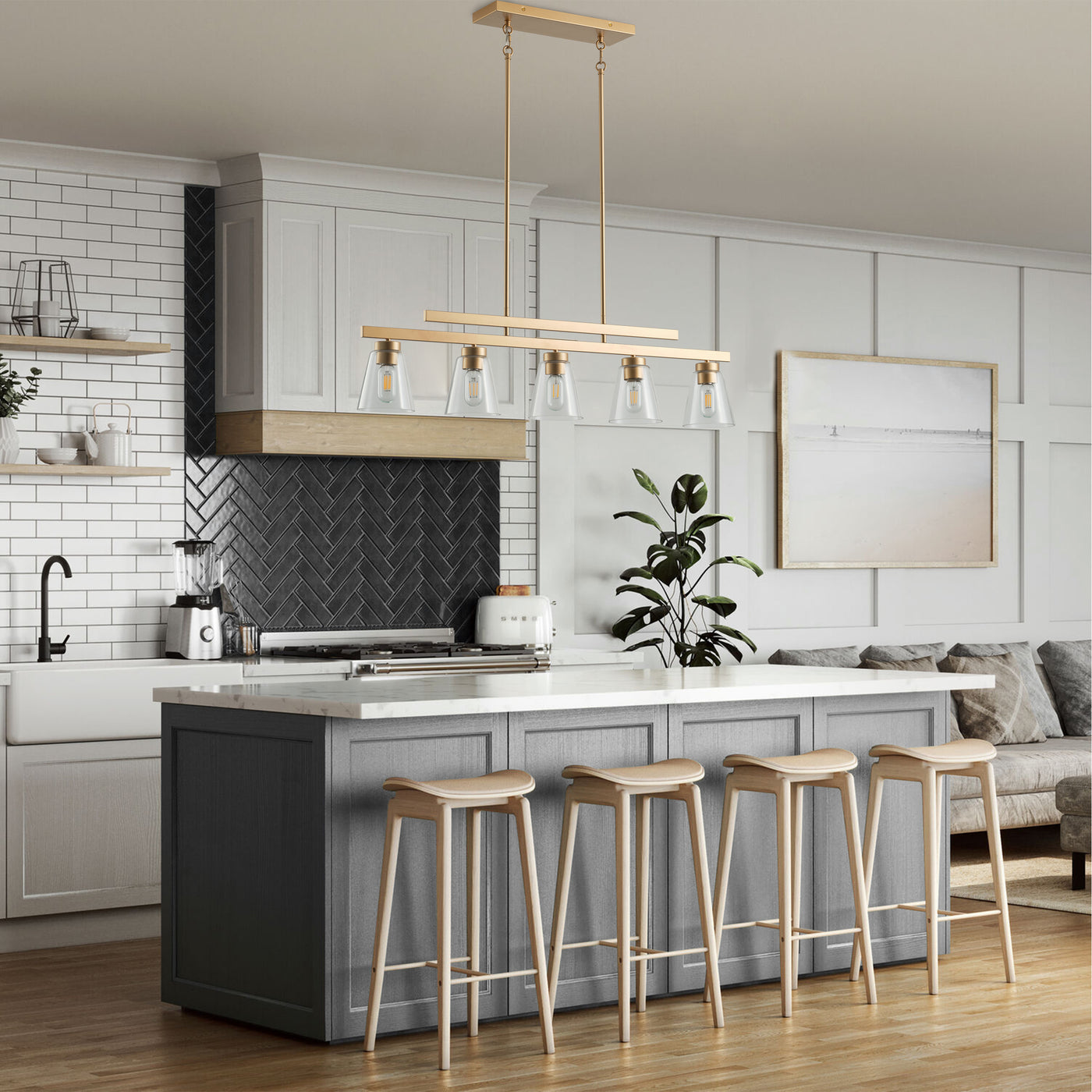 5-Lights Gold Clear Glass Shade Kitchen Island Lights