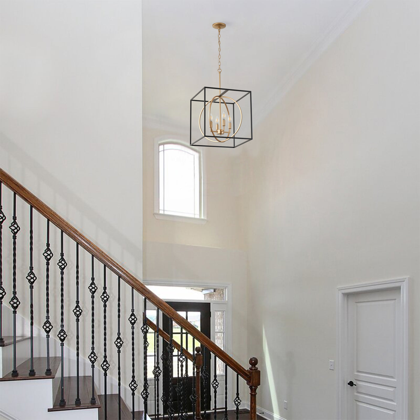 4-Light Farmhouse Pendant Chandelier, Industrial Black and Gold Ceiling Light with Cube Frame