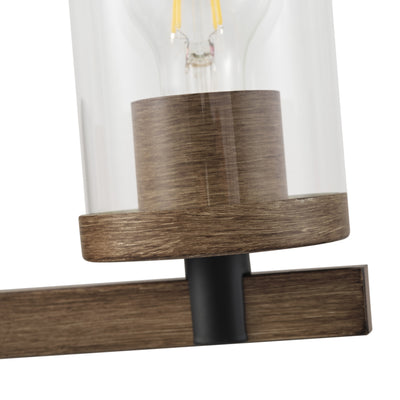 3-Lights Pine Wood Grain Color Frame with Clear Glass Shade Bathroom Vanity Lighting