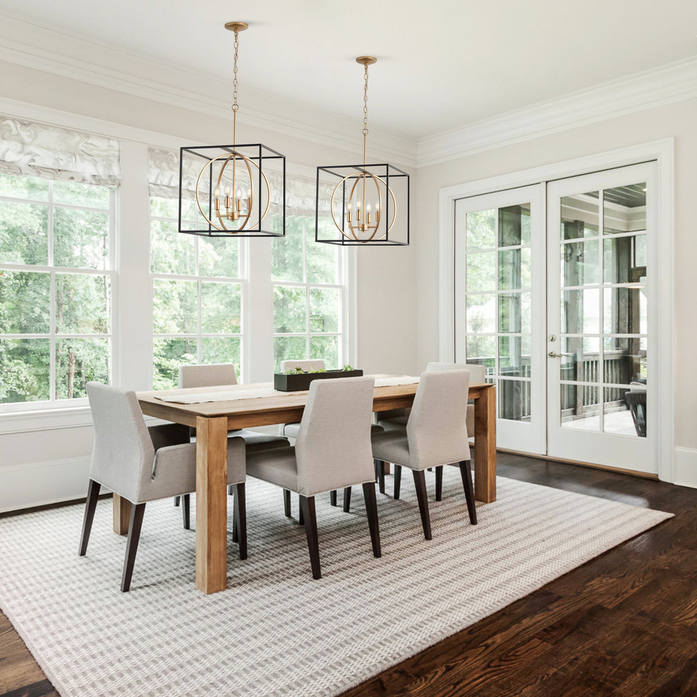 4-Light Farmhouse Pendant Chandelier, Industrial Black and Gold Ceiling Light with Cube Frame