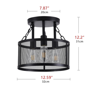 3-Lights Metal Mesh Frame Column Shade Semi-Flush Mount Lighting