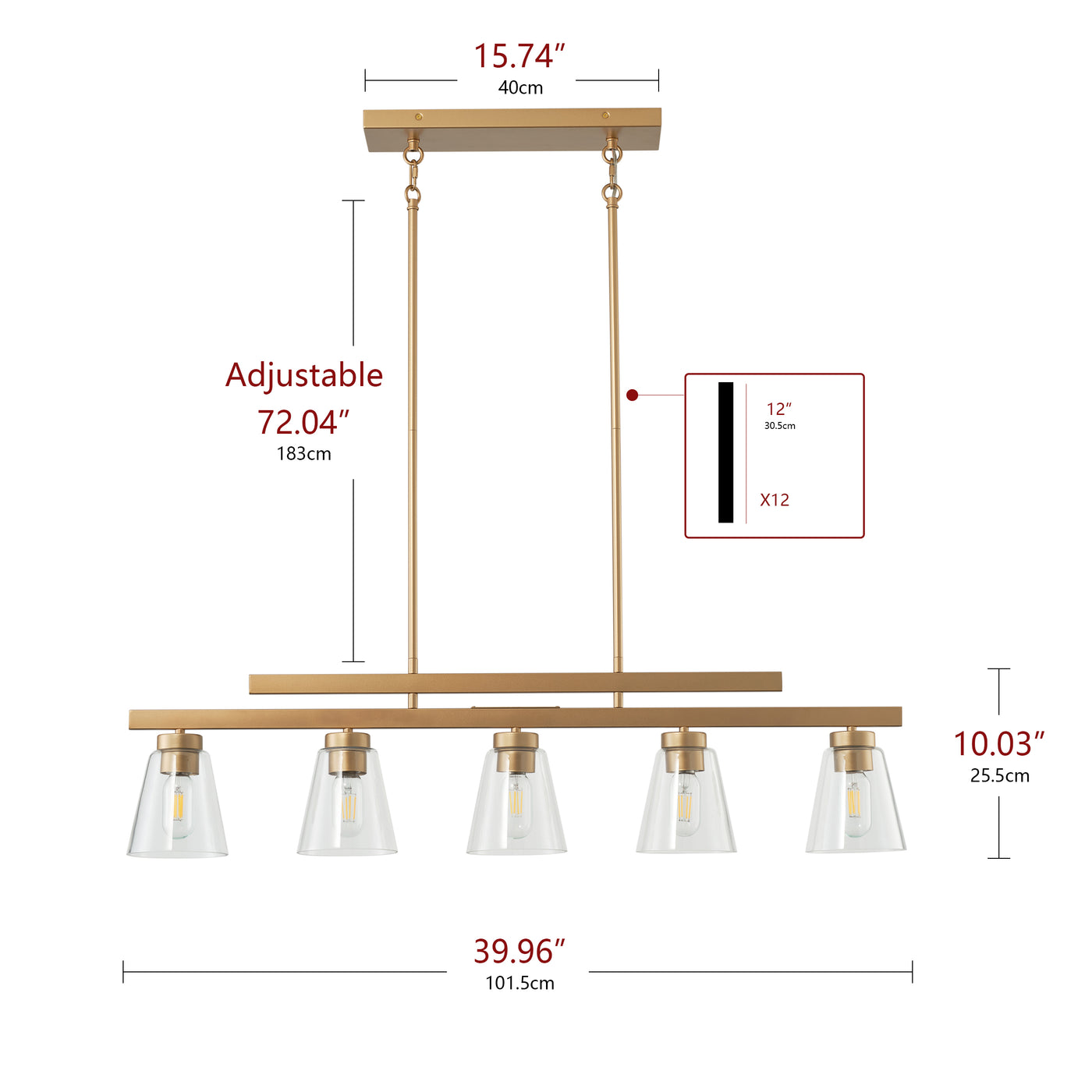 5-Lights Gold Clear Glass Shade Kitchen Island Lights