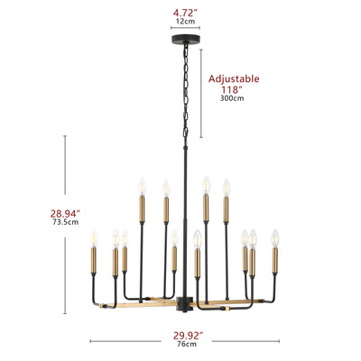 12-Lights Black-Gold Candle Lamp Head Chandelier