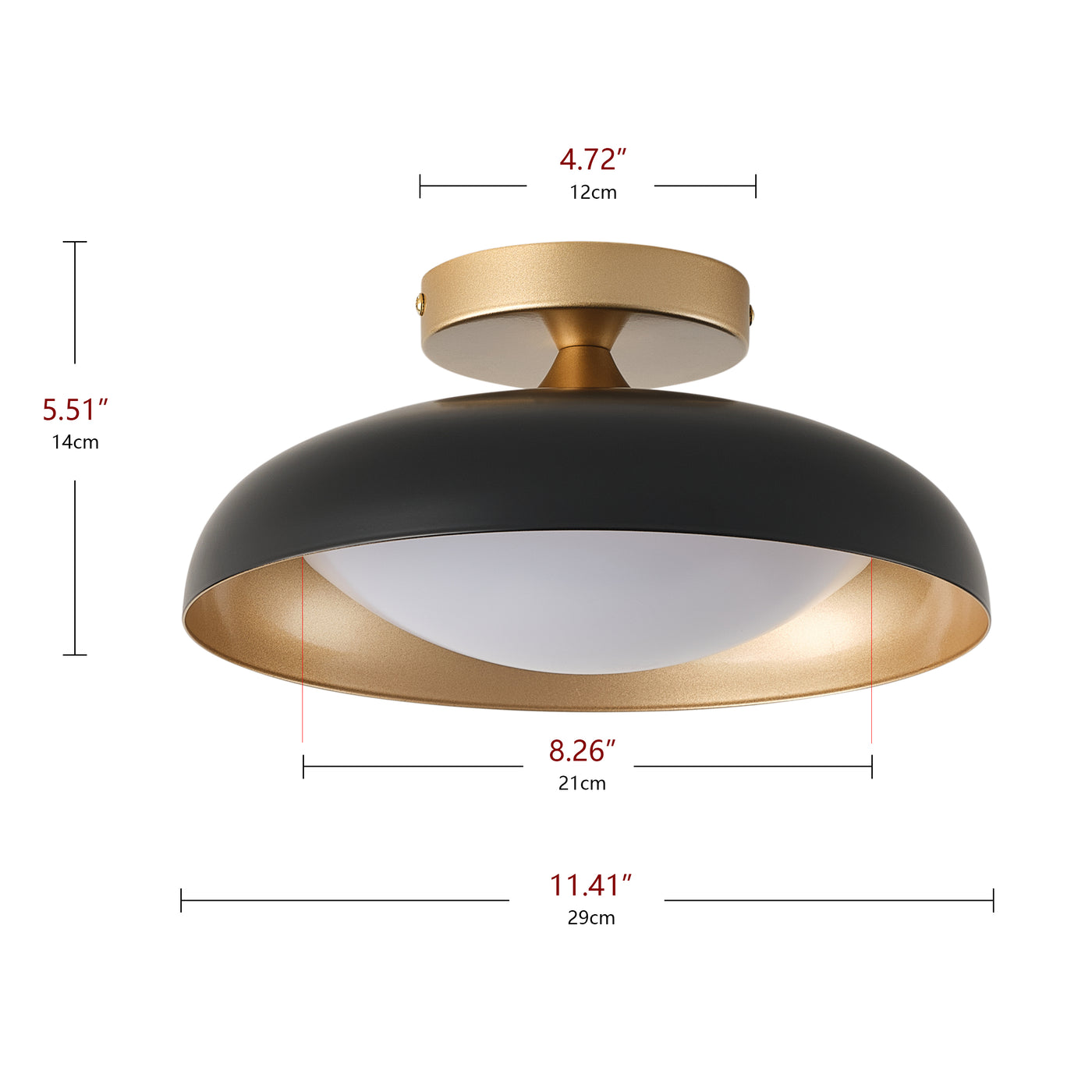 1-Light LED Bowl-Shaped Black and Gold Metal Shade Semi-Flush Mount Lighting