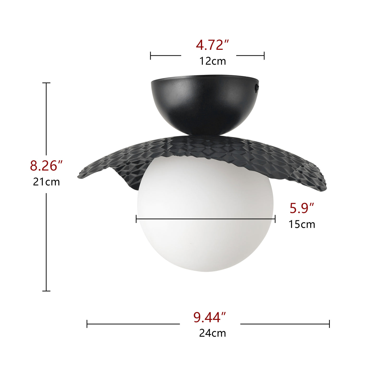 1-Light Black Globe Shade Semi-Flush Mount Lighting