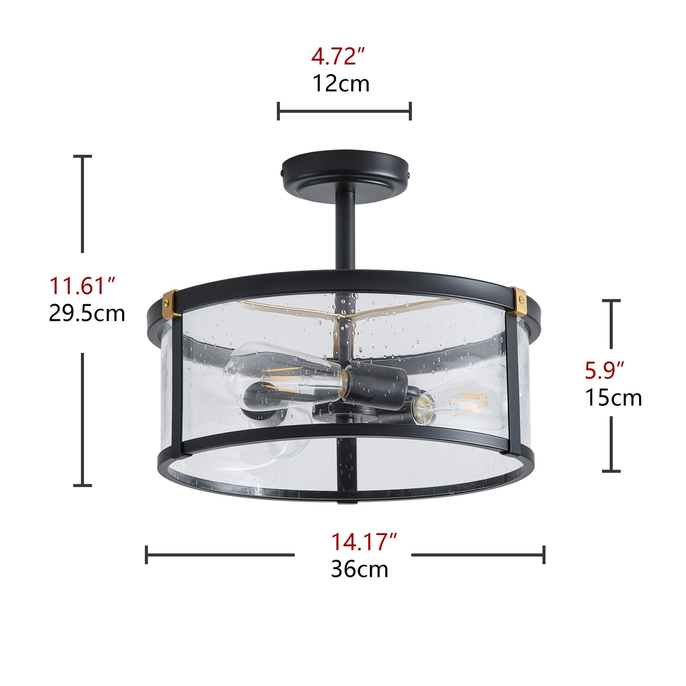 3-Lights Modern Industrial Black Round Drum Semi-Flush Mount Lighting