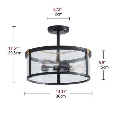 3-Lights Modern Industrial Black Round Drum Semi-Flush Mount Lighting