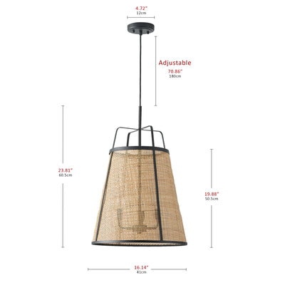 3-Lights Bamboo Shade with Black Metal Frame Pendant Lighting