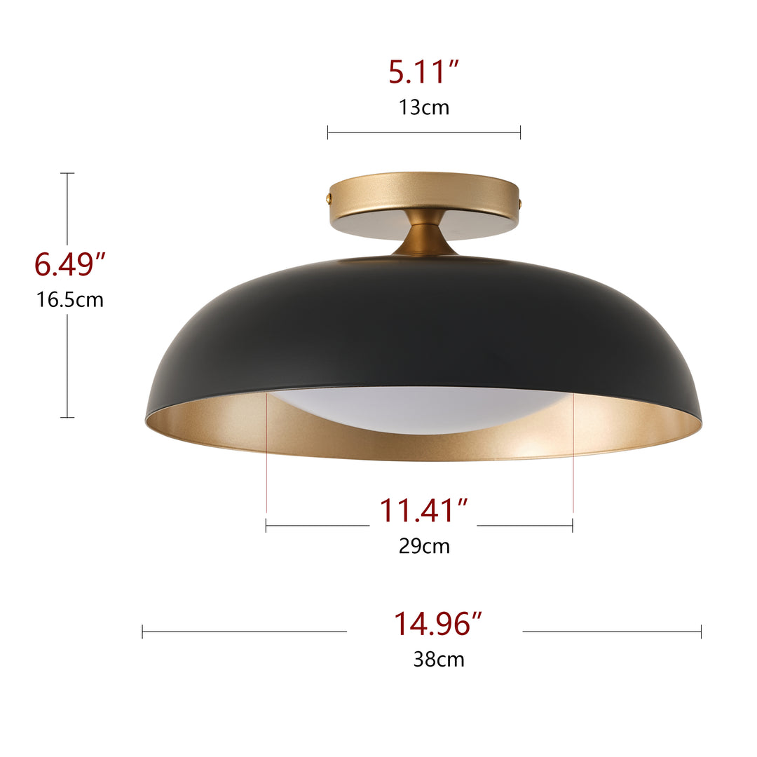 1-Light LED Bowl-Shaped Black and Gold Metal Shade Semi-Flush