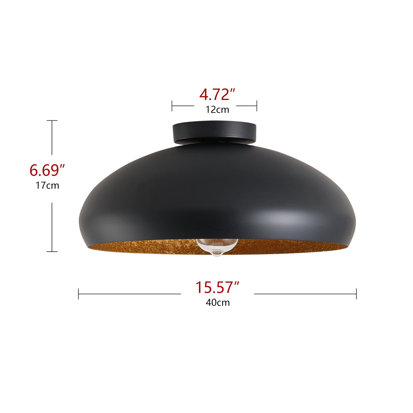 1-Light Sanded Black Exterior and Baked Imitation Gold Leaf Interior Shade Semi-Flush Mount Lighting