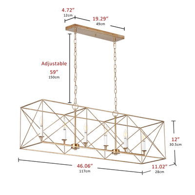 6-Lights Gold Skeletonized Square Metal Frame Kitchen Island Lights