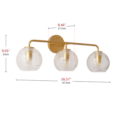 3-Lights Spherical Clear Stripe Glass Shade Bathroom Vanity Lighting