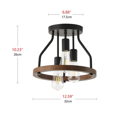 3-Lights Skeletonized Metal Frame Combined with Wooden Frame Semi-Flush Mount Lighting