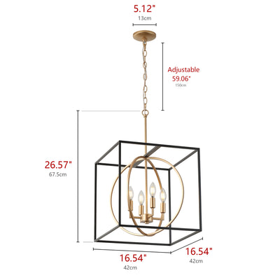 4-Light Farmhouse Pendant Chandelier, Industrial Black and Gold Ceiling Light with Cube Frame