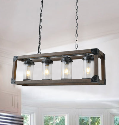 4-Lights Rectangular Shaded With Wood Element Kitchen Island Lights