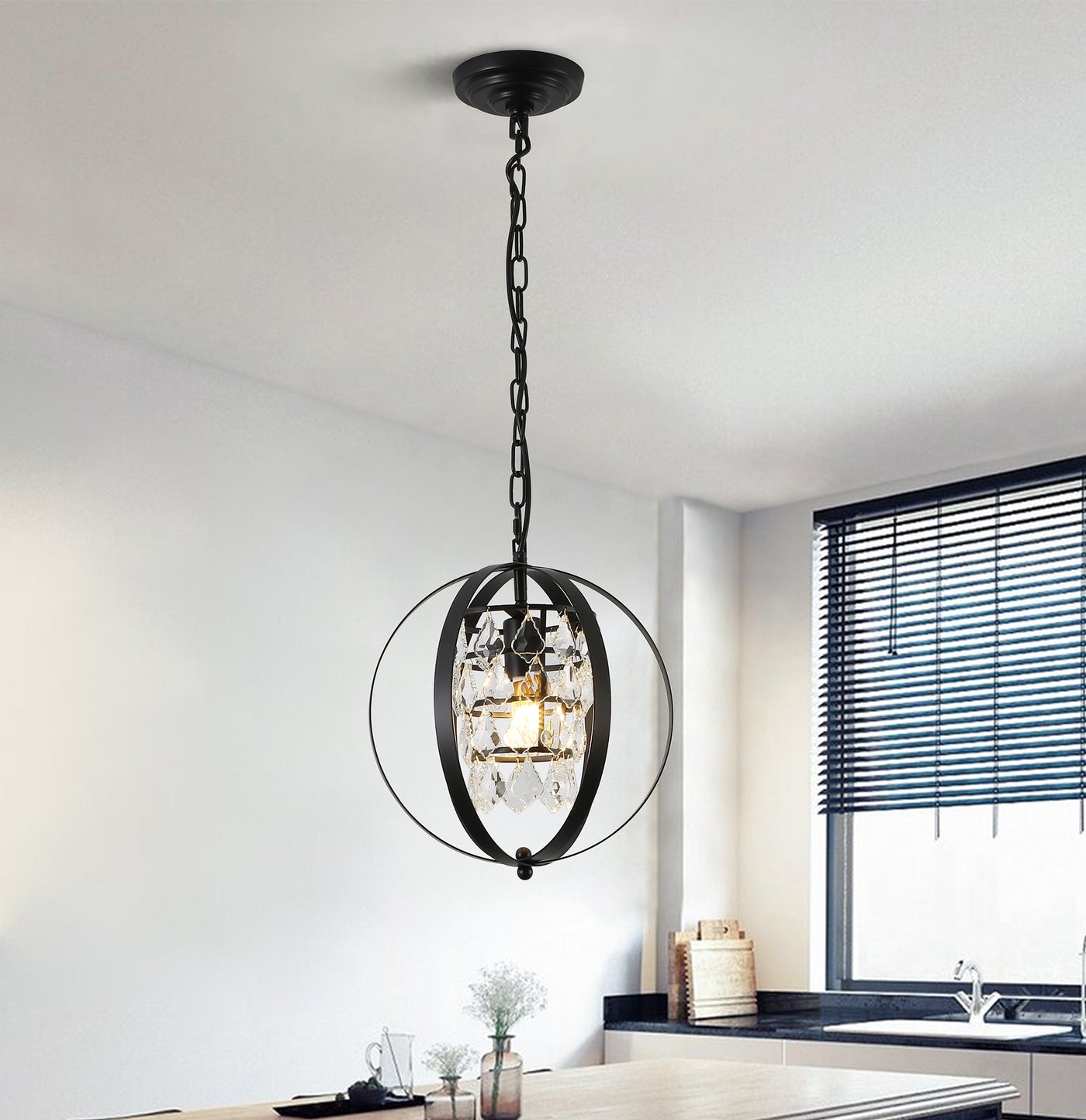 1-Light Round Shade With Crystal Slice Chandelier