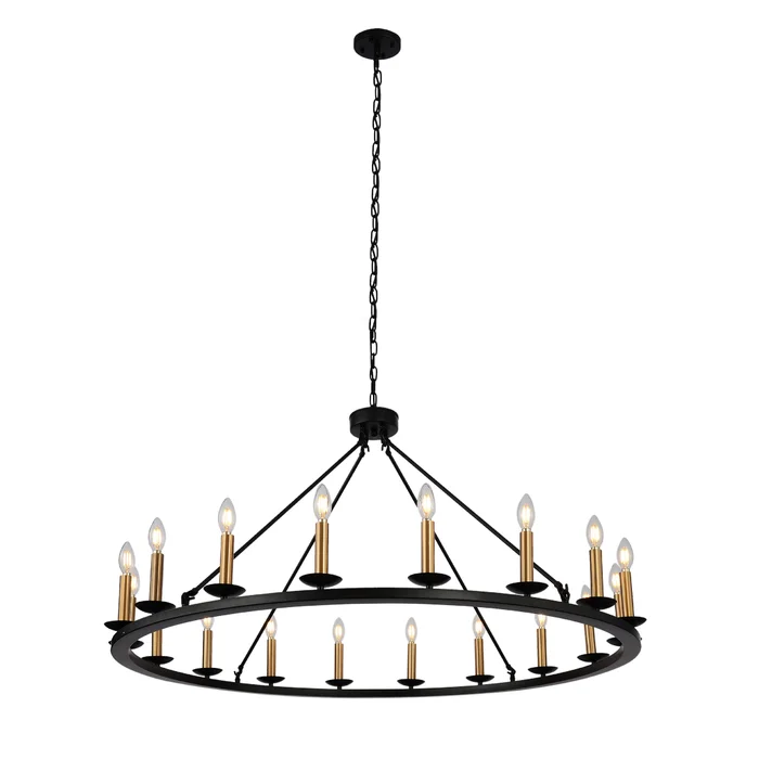 18-Lights Black-Gold Candle Wagon Wheel Shade Chandelier