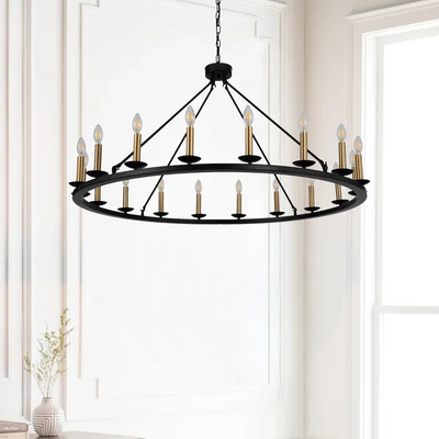 18-Lights Black-Gold Candle Wagon Wheel Shade Chandelier