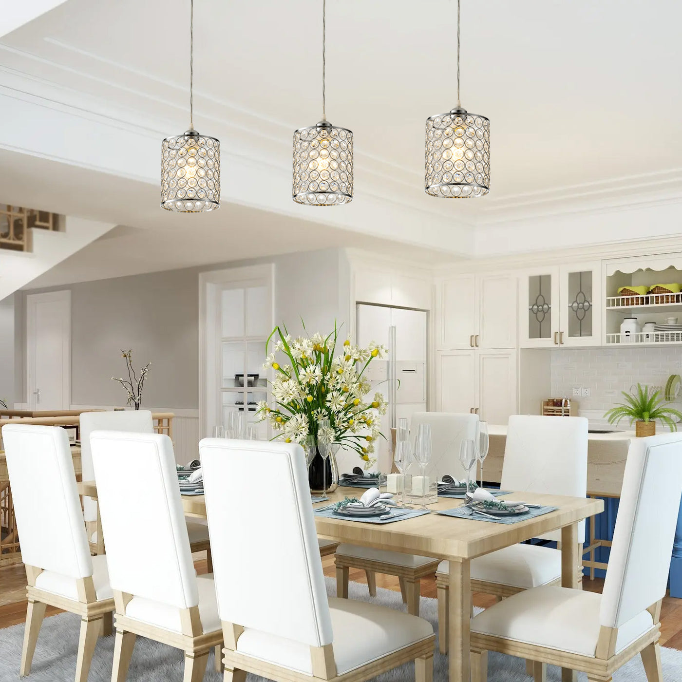3-Lights Cylinder Shade Crystal Pendant Lighting