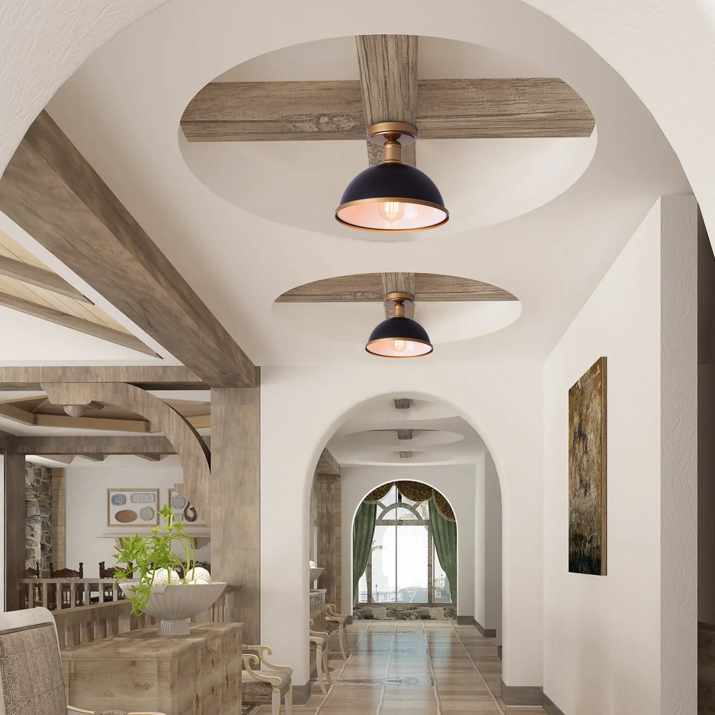 1-Light Vintage Round Shape Semi-Flush Mount Lighting