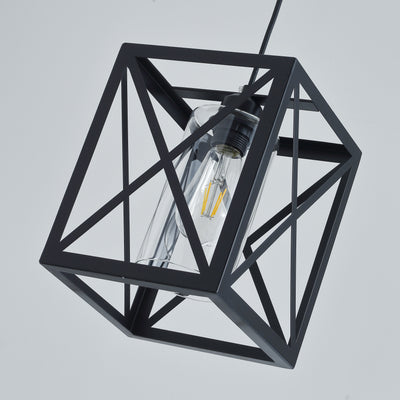 1-Light Square Cage Shape Cylinder Glass Shade Pendant Lighting