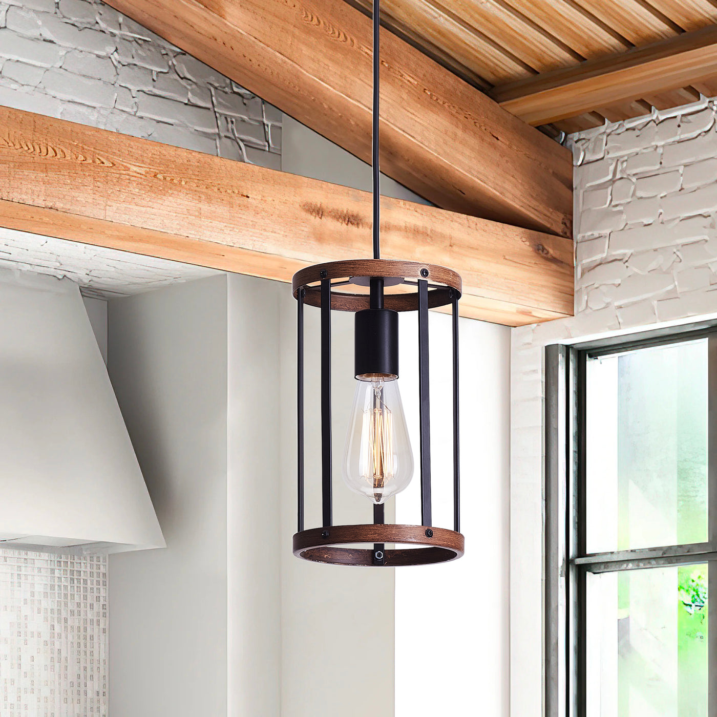 1-Light Wood Cylinder Pendant Lighting