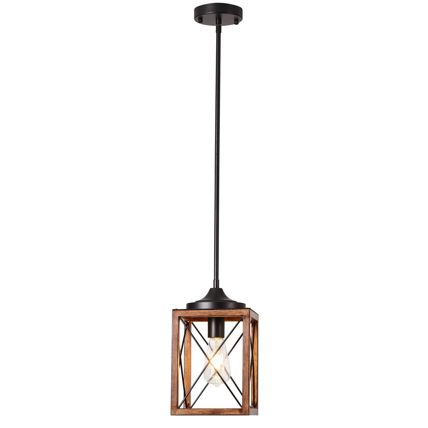 1-Light Rectangle With Wood Element Chandelier
