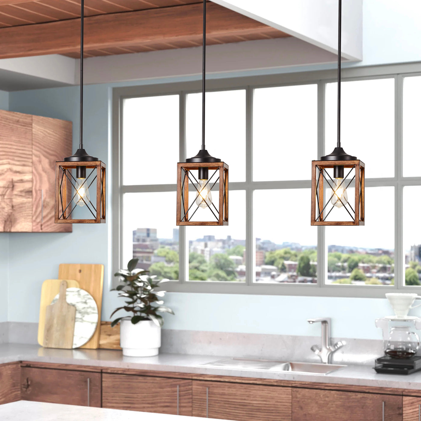 1-Light Rectangle With Wood Element Chandelier