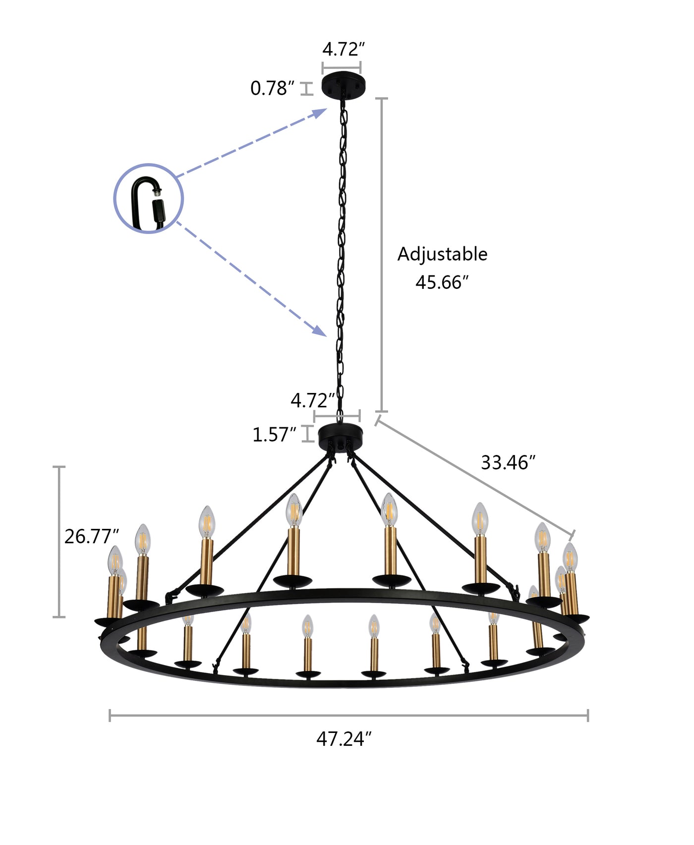 18-Lights Black-Gold Candle Wagon Wheel Shade Chandelier